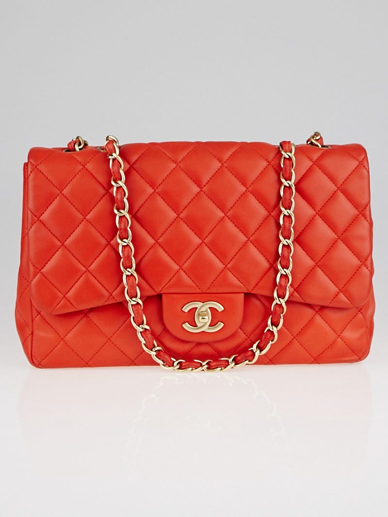 Chanel Light Red Quilted Lambskin Leather Classic Jumbo Double Flap Bag - Yoogi's  Closet