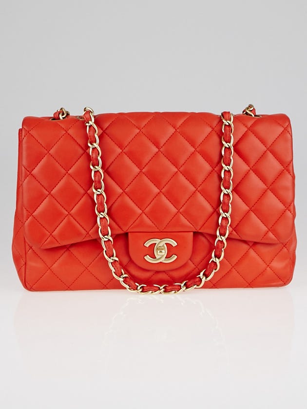 Chanel Red Quilted Lambskin Leather Classic Jumbo Single Flap Bag
