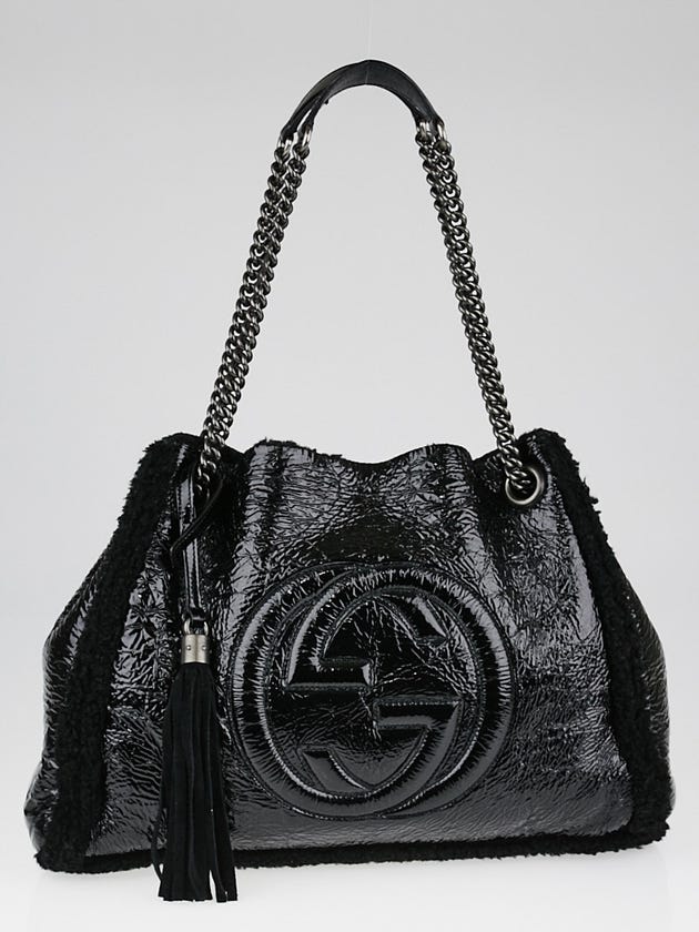 Gucci Crushed Black Patent Leather and Wool Shearling Soho Chain Tote Bag