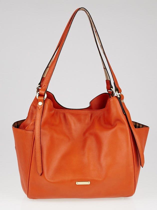 Burberry Orange Leather Panels Small Canterbury Tote Bag