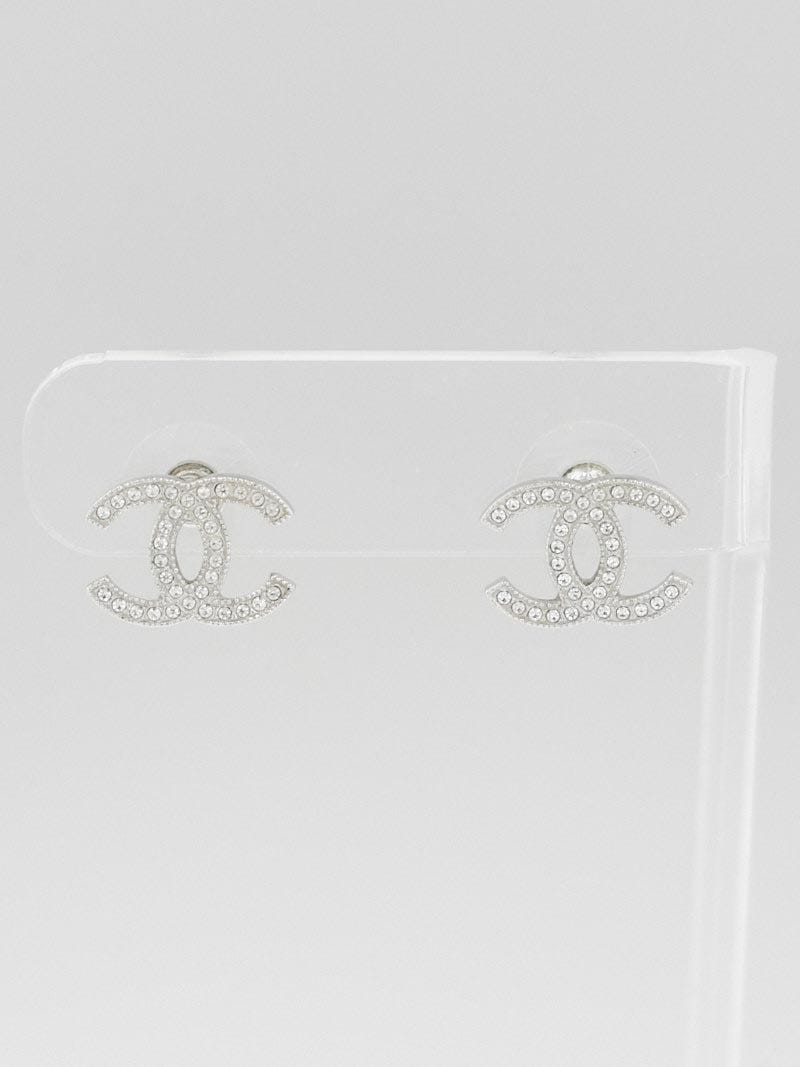 Chanel Light Grey Silvertone Crystal CC Stud Earrings