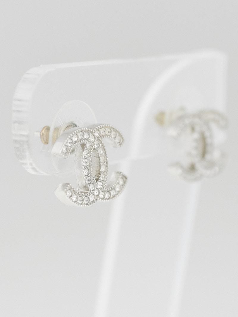 Chanel Light Grey Silvertone Crystal CC Stud Earrings