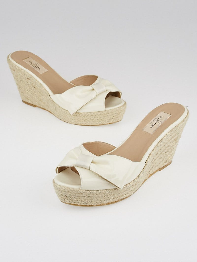 Valentino White Patent Leather Espadrille Bow Wedges Size 8.5 39