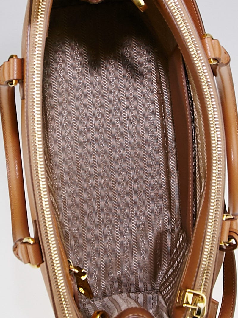 Prada Caramel Saffiano Lux Leather Double Zip Small Tote Bag