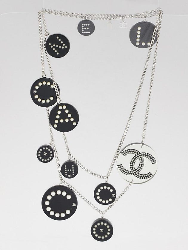 Chanel Black Resin and Faux Pearl "CHANEL" Disk Necklace