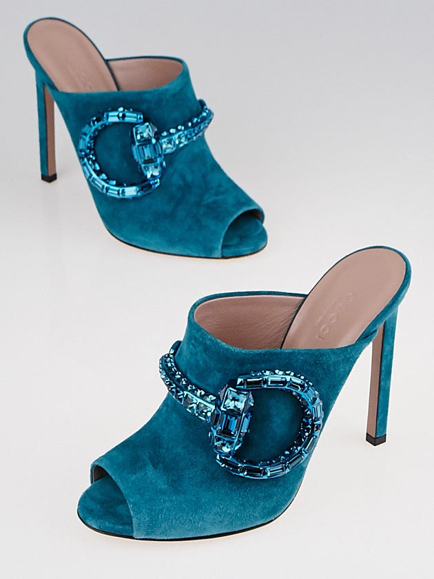 Gucci Turquoise Suede and Maxime Crystal Horsebit Mule Heels Size 6.5/37