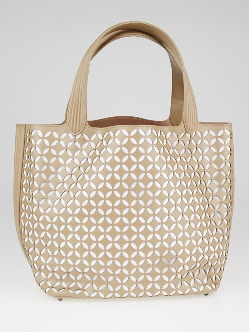 Ala a Beige White Laser Cut Leather Tote Bag Yoogi s Closet