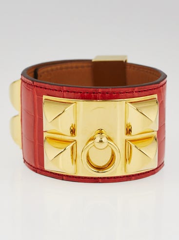 Hermes Geranium Matte Alligator Gold Plated Collier de Chien Cuff Bracelet Size S
