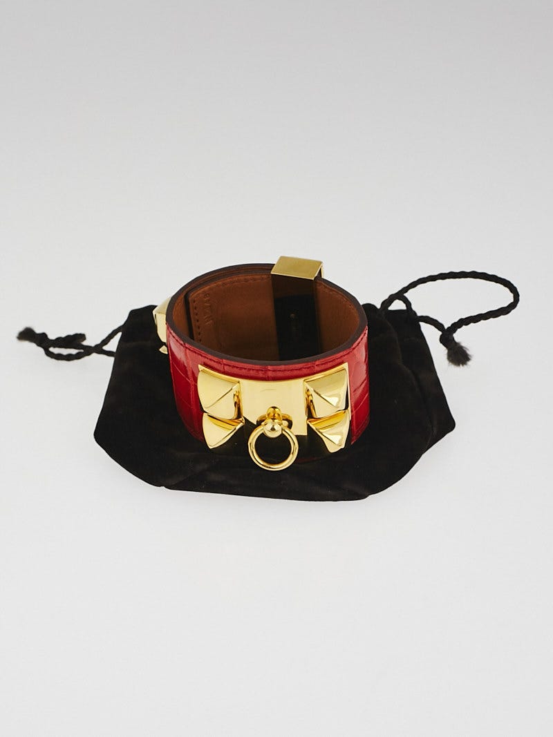 Hermes Geranium Matte Alligator Gold Plated Collier de Chien Cuff Bracelet Size S