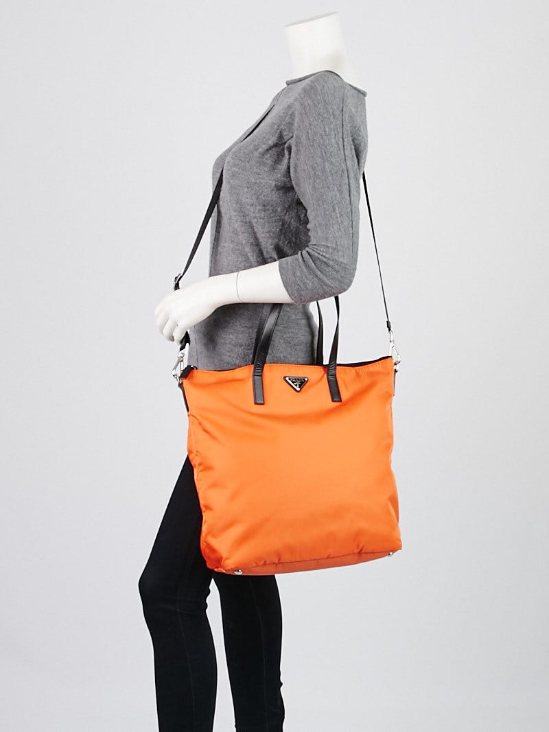 Prada Arancio Vela Nylon and Black Saffiano Leather Tote Bag