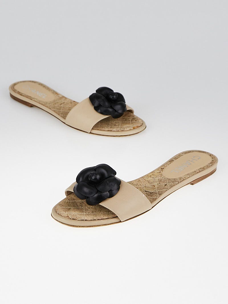 Chanel Cork Camellia Open-Toe Slide Sandals Size 7.5/38 - Yoogi's Closet