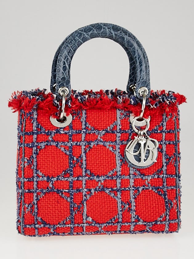 Christian Dior Red/Blue Cannage Quilted Tweed and Croc Embossed Leather Medium Lady Dior Bag