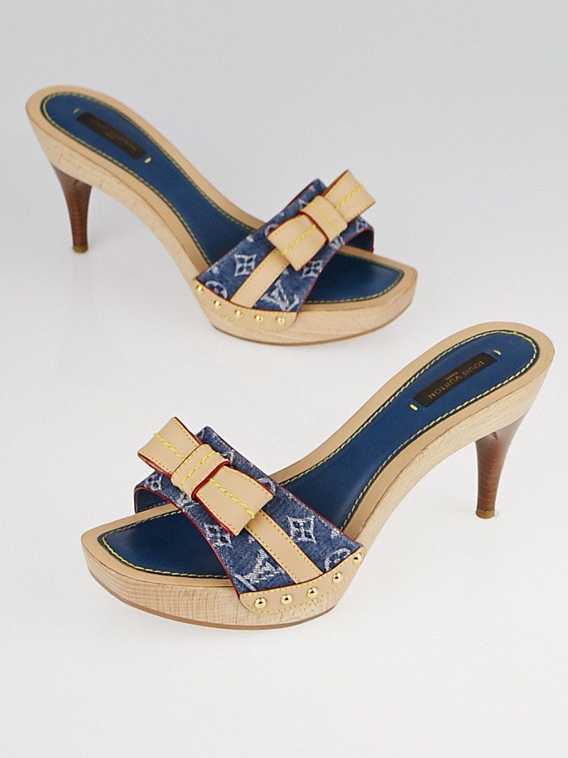 Louis Vuitton Blue Monogram Denim Bow Detail Slides Sandals Size 38