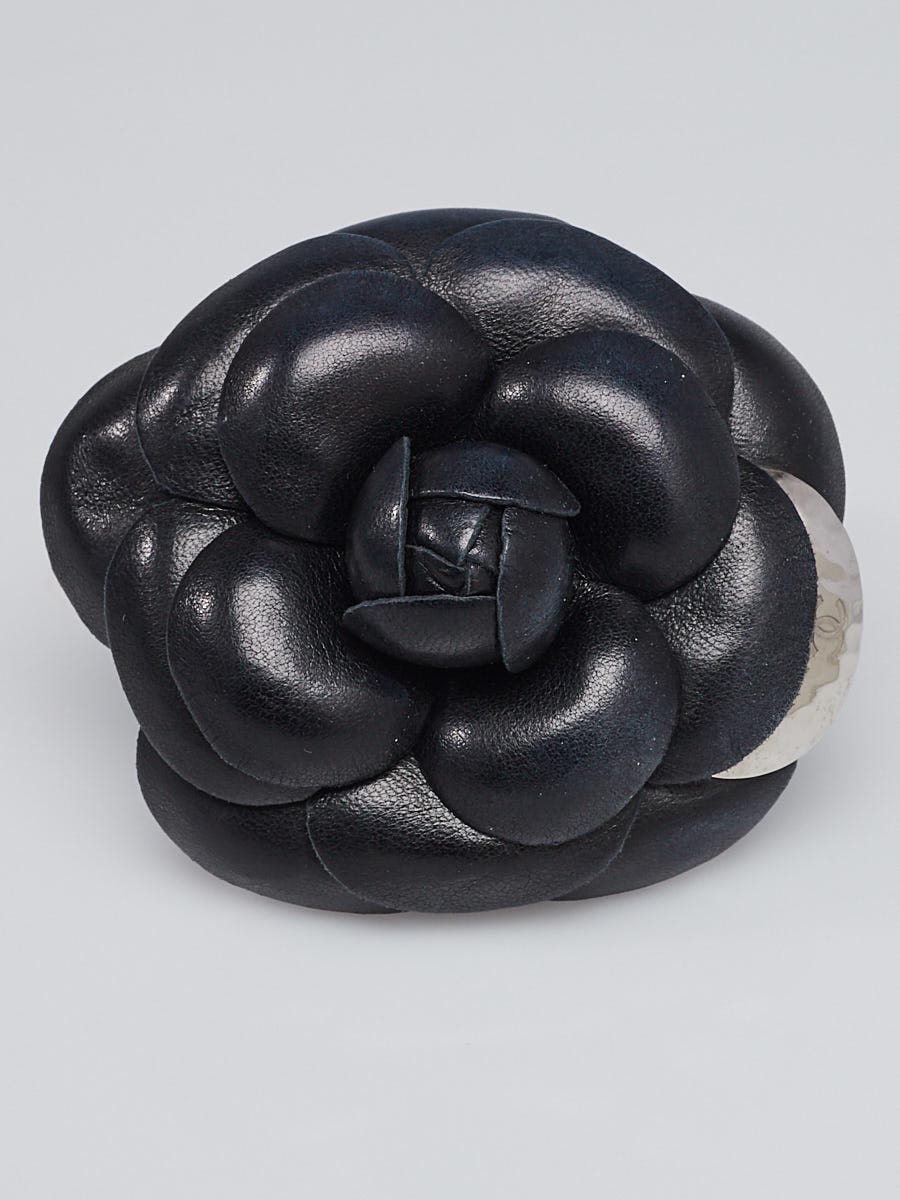Chanel Black/Silver Leather/Metal Camellia Flower Brooch - Yoogi's Closet