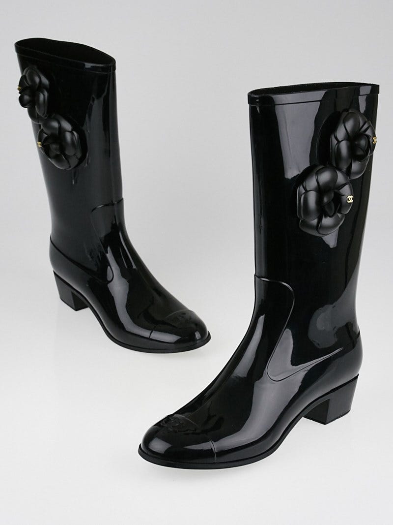 Chanel Black Rubber Camellia Flower Rain Boots Size /42 - Yoogi's Closet