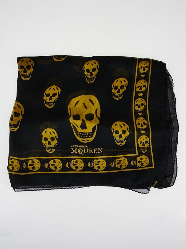 Alexander McQueen Black/Gold Silk Chiffon Classic Skull Scarf