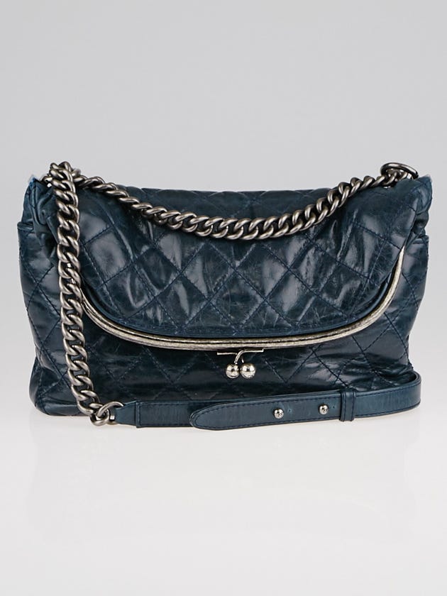 Chanel Blue Quilted Calfskin Leather Kisslock Fold-Over Shoulder Bag