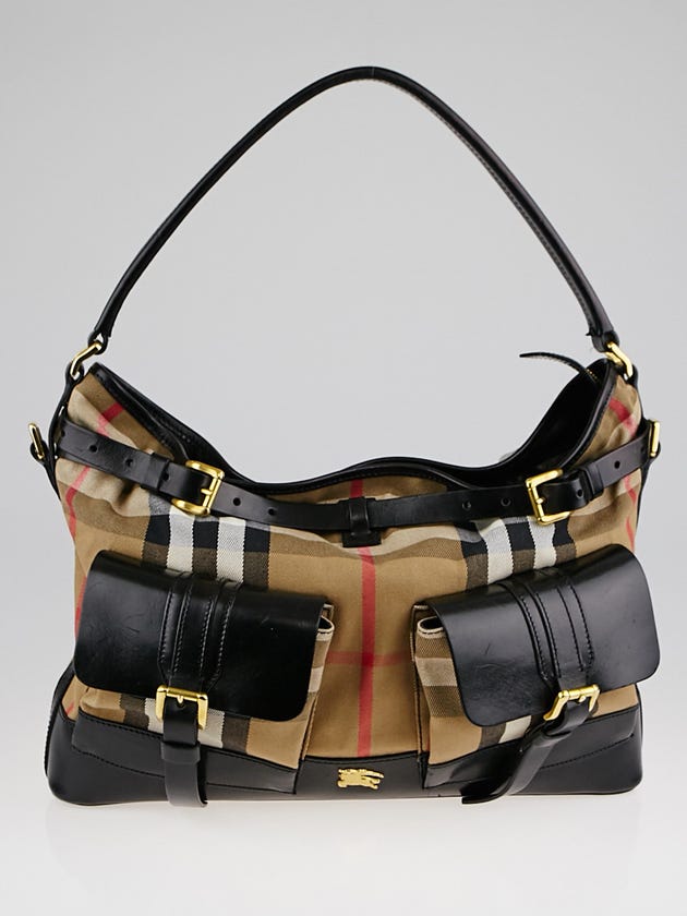Burberry Black Leather House Check Canvas Belted Hobo Bag