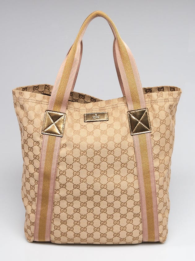 Gucci Beige/Gold GG Canvas Vintage Web Large Tote Bag