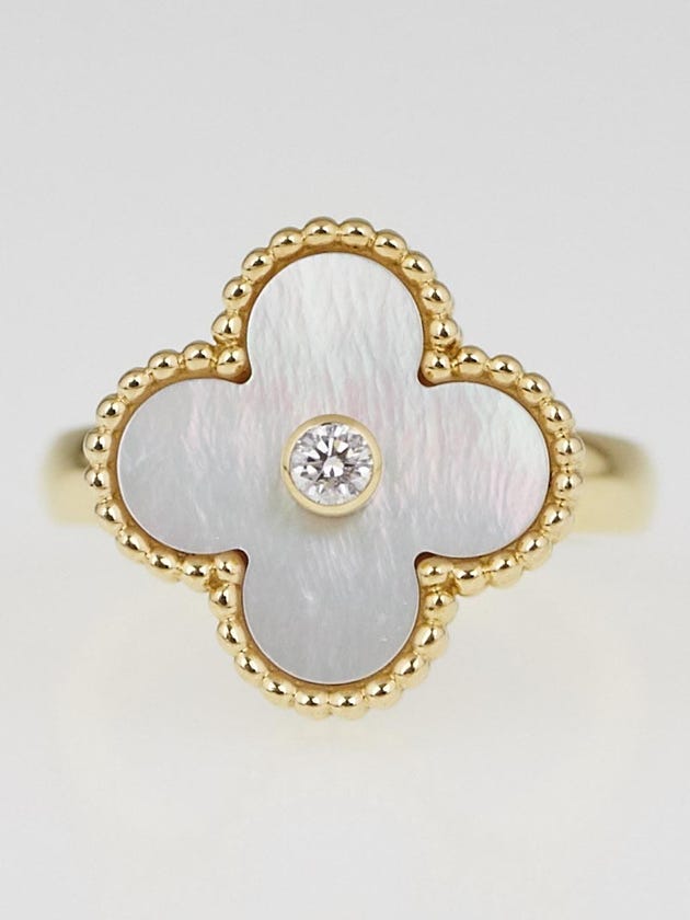 Van Cleef & Arpels 18k Yellow Gold Mother-of-Pearl and Diamond Vintage Alhambra Ring Size 4.75/49