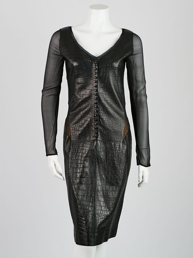 Emilio Pucci Black Faux Croc Leather and Silk Long Sleeve Dress Size 8/42