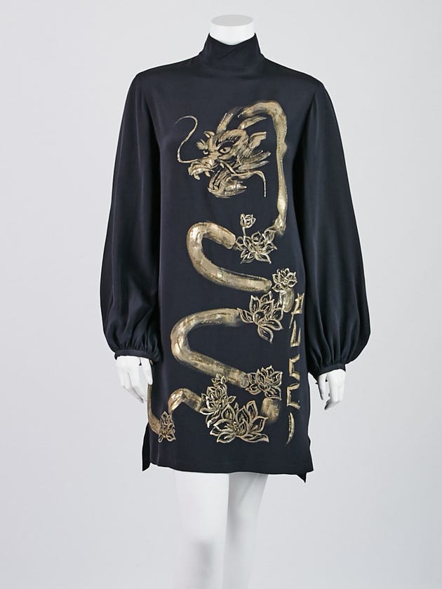 Emilio Pucci Black Hand Painted Dragon Silk Cady Dress Size 8/42