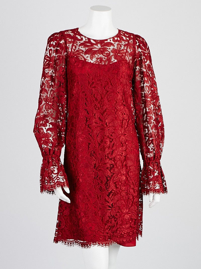 Dolce & Gabbana Red Lace Long Sleeve Dress Size 8/42 - Yoogi's Closet
