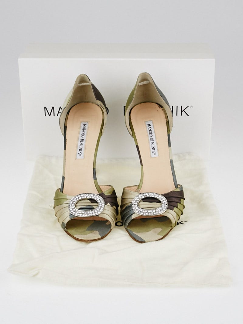 Manolo Blahnik Camo Print Satin Sedaraby Crystal D'Orsay Heels Size 8.5/39  | Yoogi's Closet