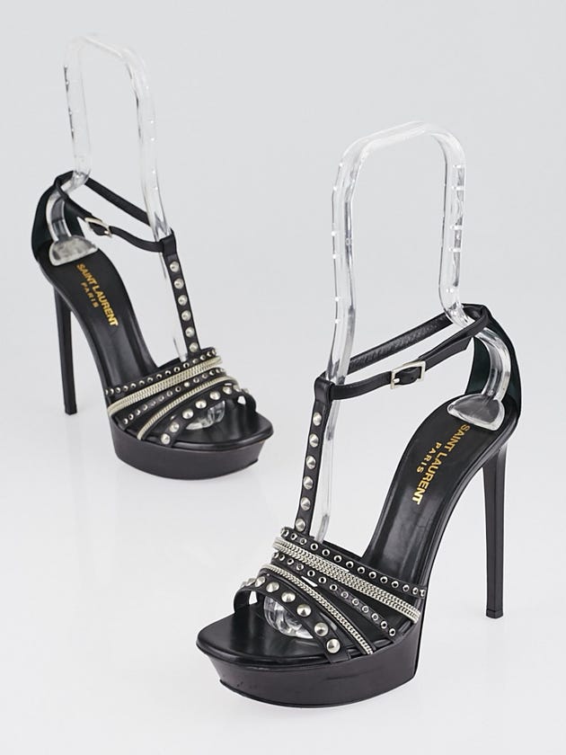 Yves Saint Laurent Black Studded Leather Alice T-Strap Platform Sandals Size 6.5/37