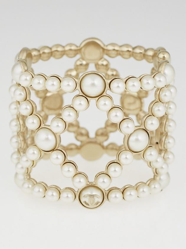 Chanel Pearl Gripoix and Gold Metal Diamond Patterned Cuff Bracelet