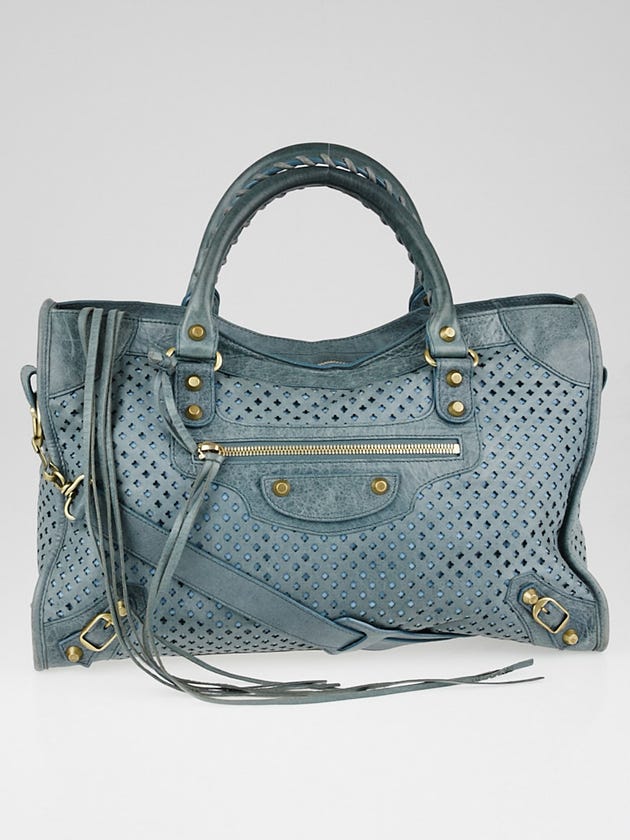 Balenciaga Blue Cross Perforated Lambskin Leather Motorcycle City Bag