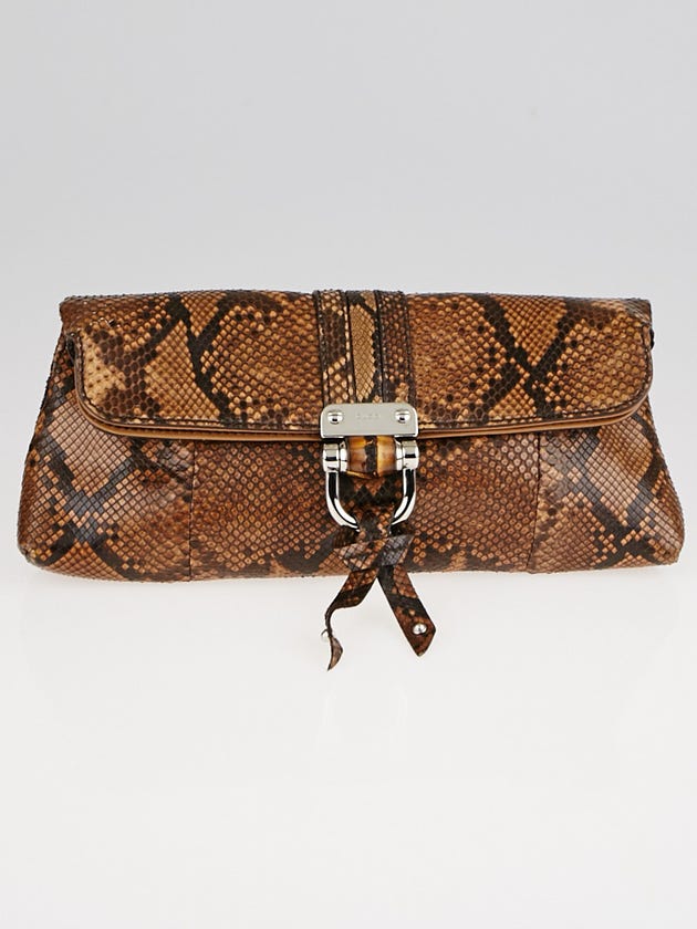 Gucci Brown Python and Leather Croisette Bamboo Clutch Bag