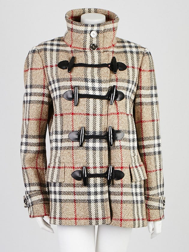 Burberry London Beige Check Wool Toggle Double Breast Peacoat Size 14