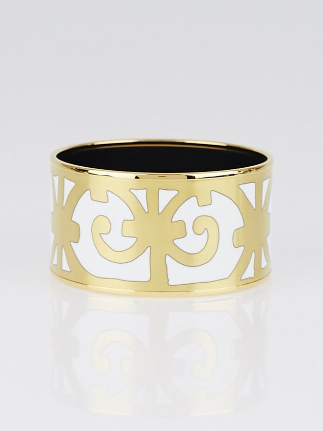 Hermes White and Gold Printed Enamel and Gold Plated Extra Wide Bracelet Size 65