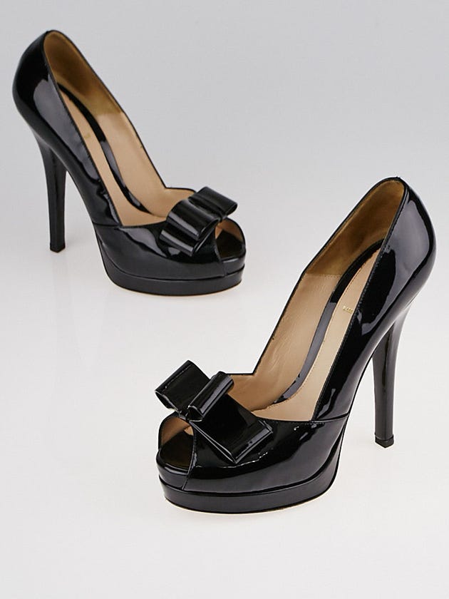 Fendi Black Patent Leather Bow Peep Toe Platform Pumps Size 7.5/38