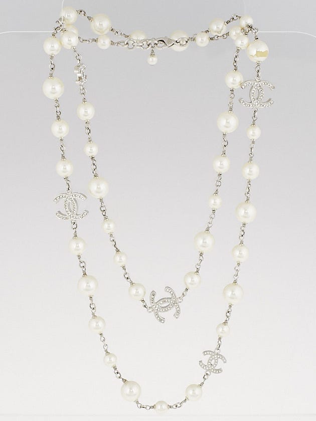 Chanel Faux Pearl and Five Crystal CC Long Necklace