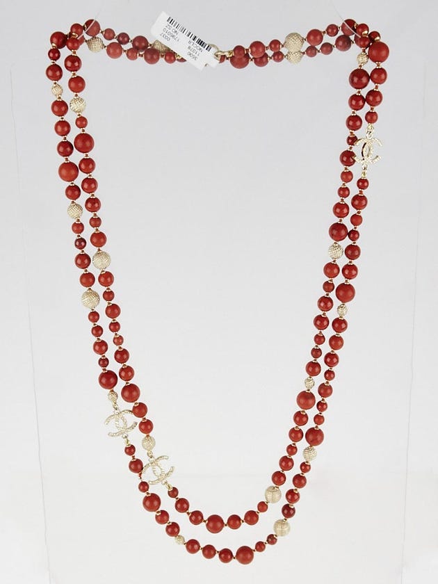 Chanel Red and Goldtone Beaded CC Long Necklace