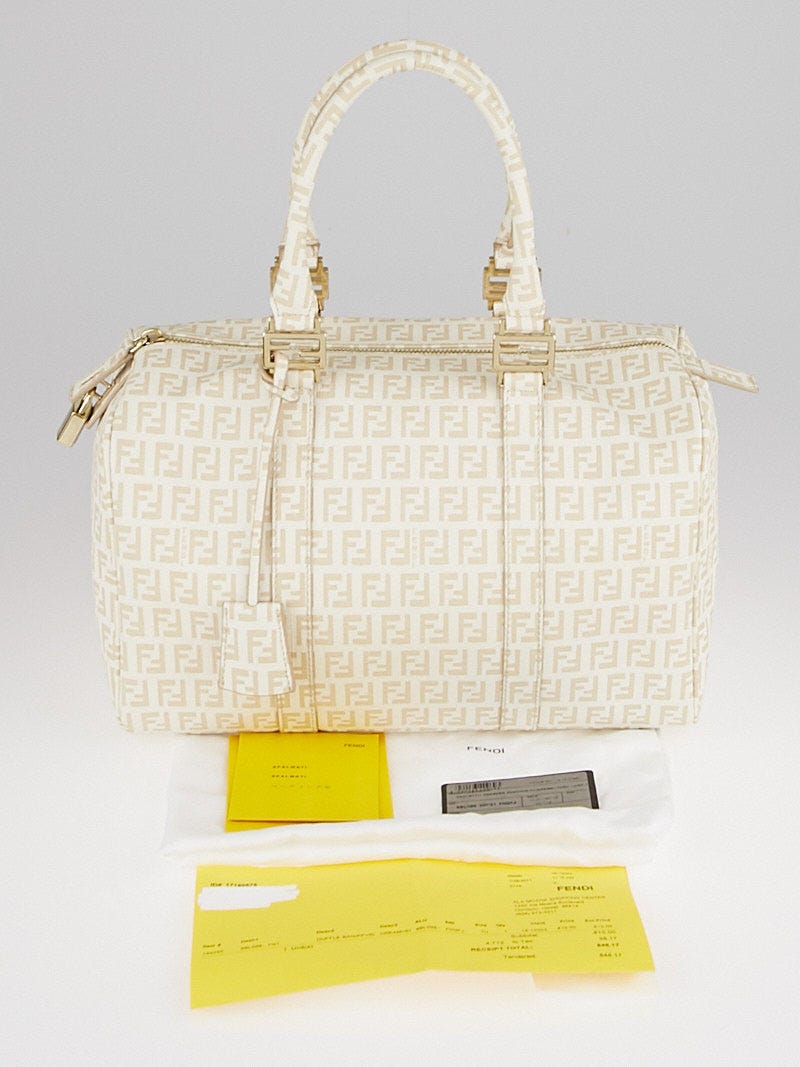 Fendi White Beige Zucchino Spalmati Canvas Forever Bauletto Boston