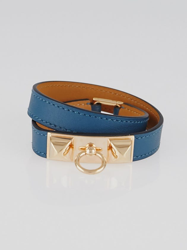 Hermes Mallard Blue Swift Leather Rose Gold Plated Rivale Double Tour Bracelet Size S