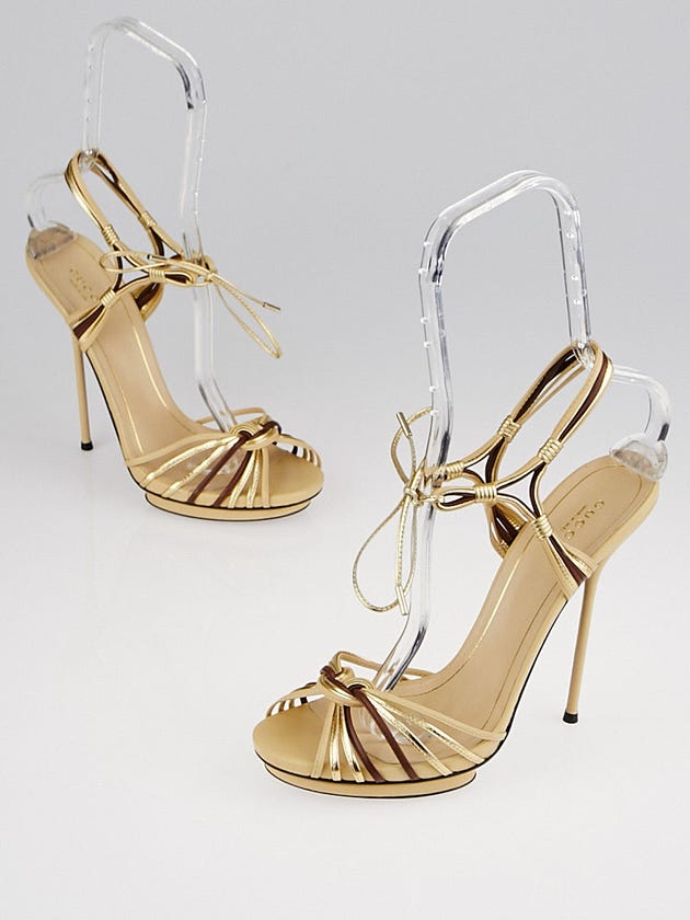 Gucci Beige/Gold Leather Strappy Peep-Toe Sandals Size 9/39.5