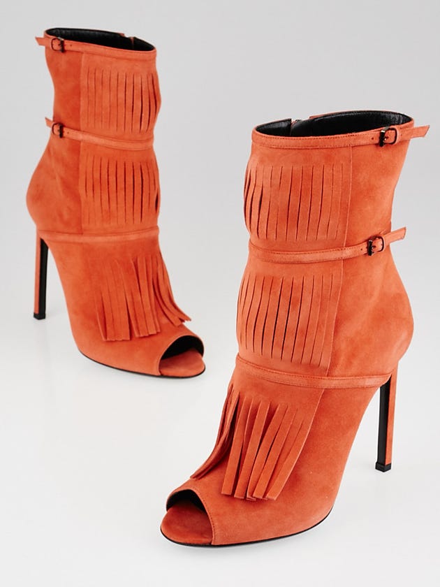 Gucci New Dark Orange Suede Fringed Becky Gladiator Booties Size 7.5/38