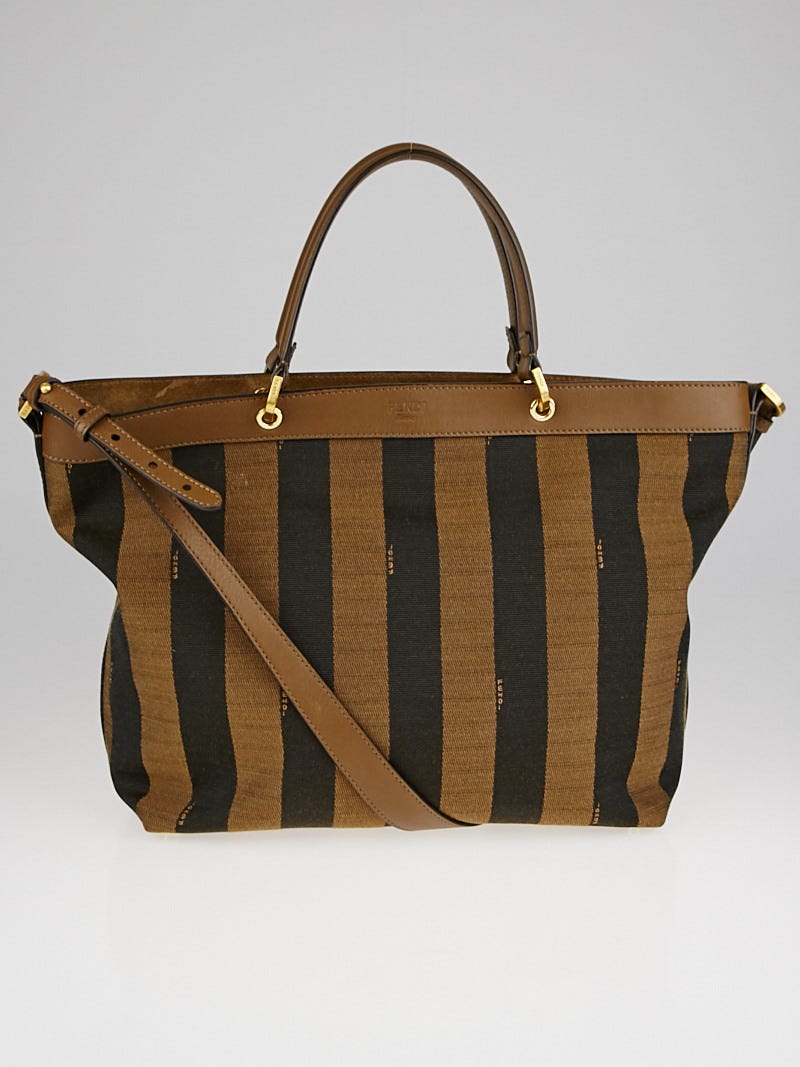 Fendi Brown Leather and Tobacco Pequin Stripe Canvas Large Tote Bag 8BN254  - Yoogi's Closet