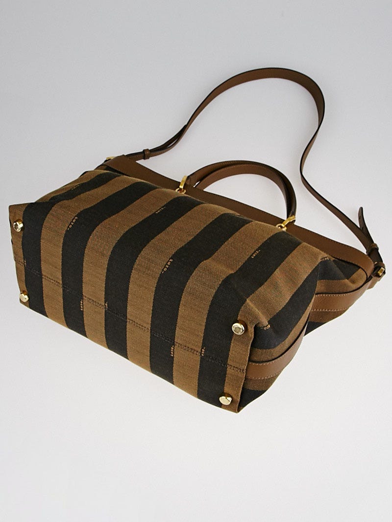 Fendi Brown Leather and Tobacco Pequin Stripe Canvas Large Tote Bag 8BN254  - Yoogi's Closet