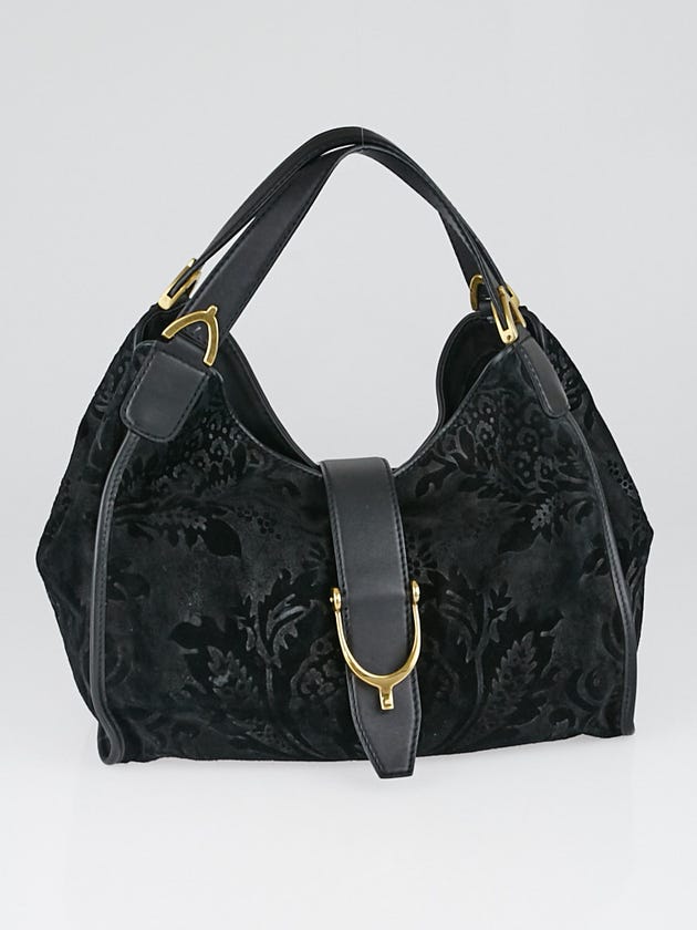 Gucci Black Brocade Suede Soft Stirrup Small Tote Bag