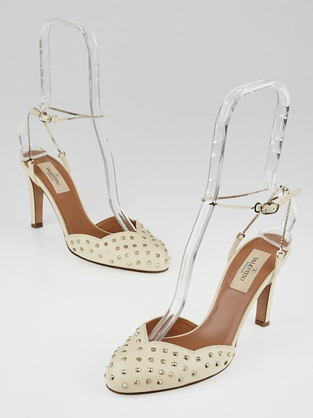 Valentino Ivory Leather Mini Studded Chain Ankle Strap Heels Size 6.5/37