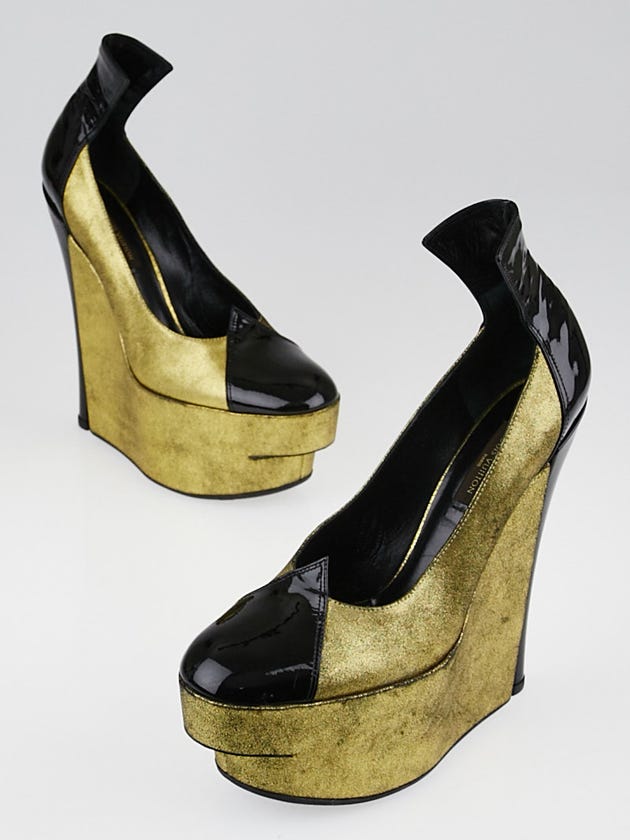 Louis Vuitton Gold Leather and Black Patent Leather Platform Wedges Size 6.5/37