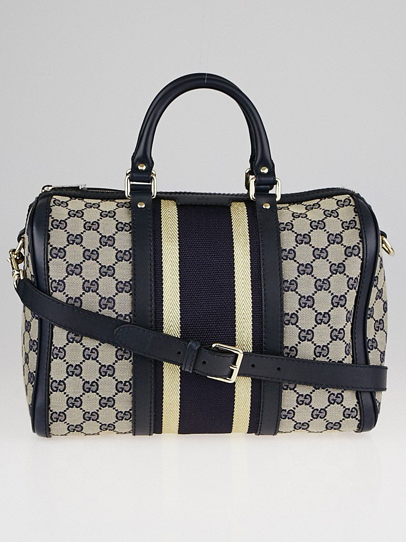 Gucci Vintage GG Supreme Web Stripe Boston Bag Navy Blue