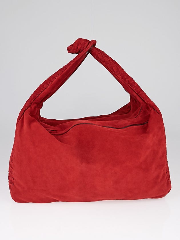 Bottega Veneta Red Suede Intrecciato Large Knot Hobo Bag