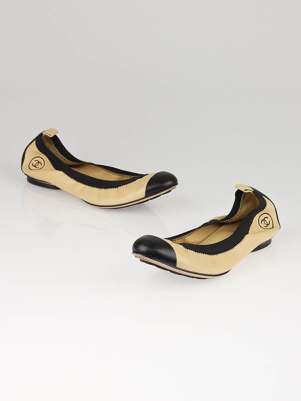 Chanel Beige/Black Leather Elastic Ballet Flats Size 9/39.5