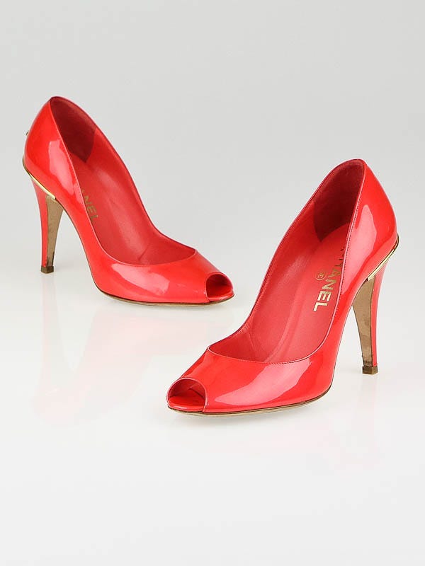 Chanel Iridescent Light Red Patent Leather Peep Toe CC Logo